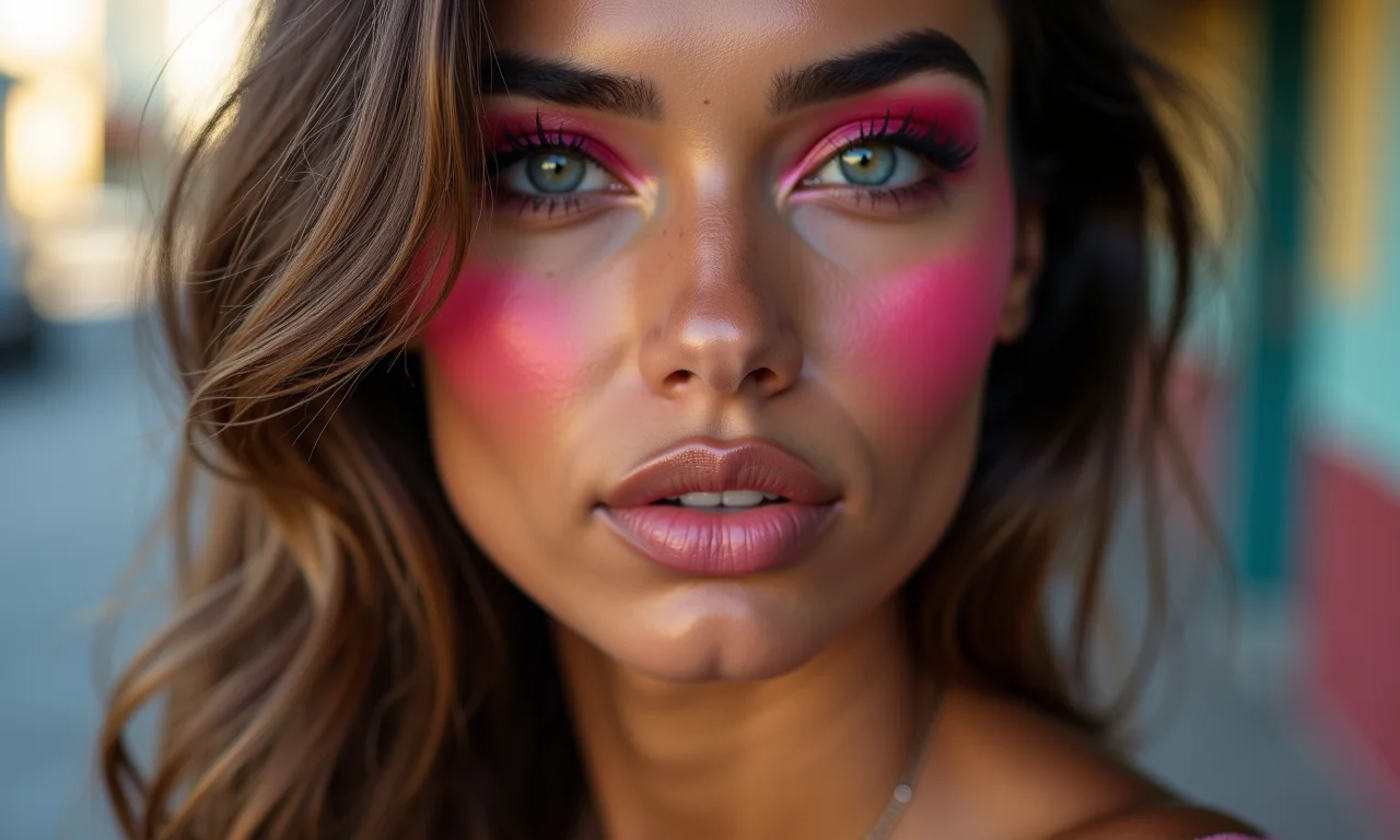 Blush marcado estilo anos 80, visual impactante.