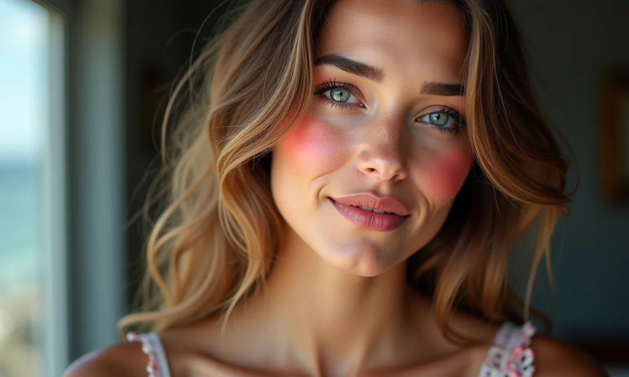 Blush rosado ou coral complementando a maquiagem de sereia.