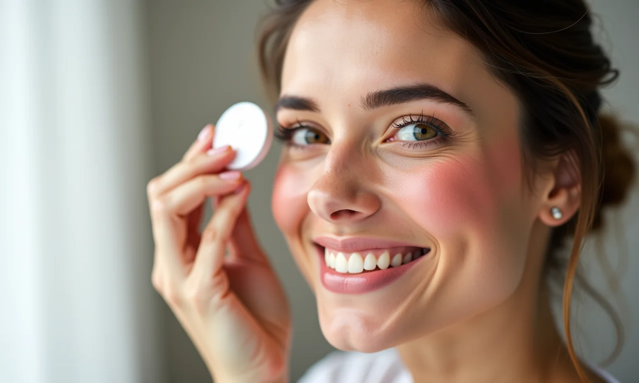 Blush rosado ou pêssego, adicionando um toque de saúde ao rosto.