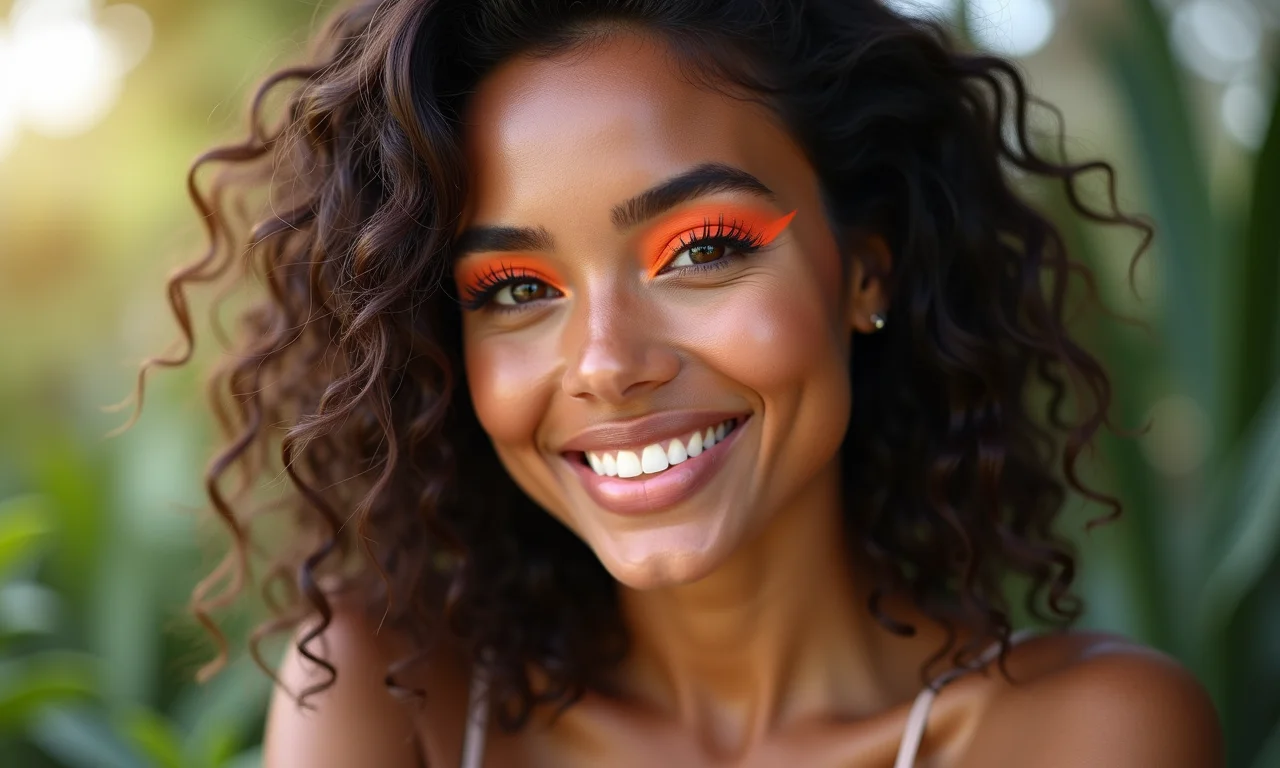 Brasileira com delineador laranja neon para o dia a dia.