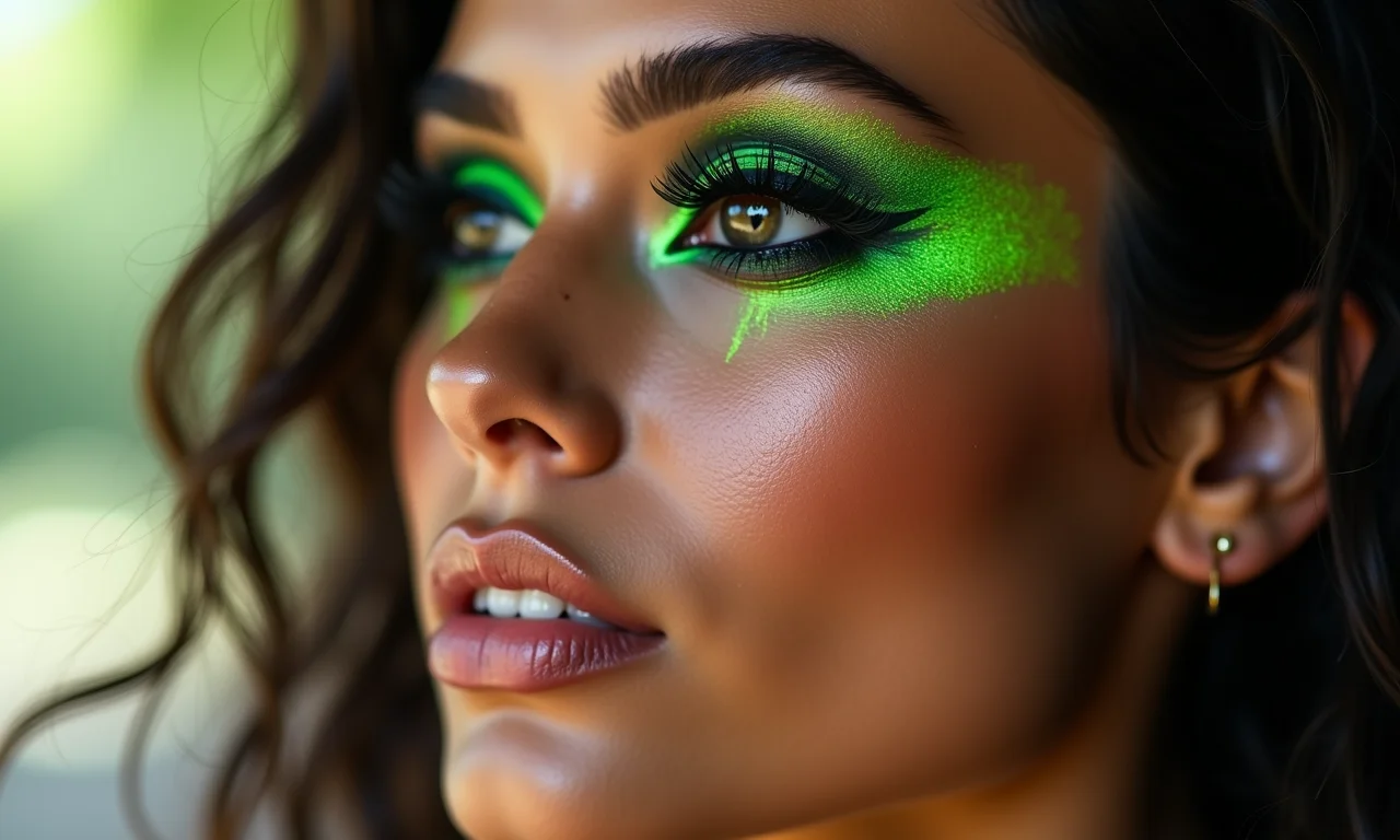 Brasileira com máscara de cílios preta e delineador verde neon.