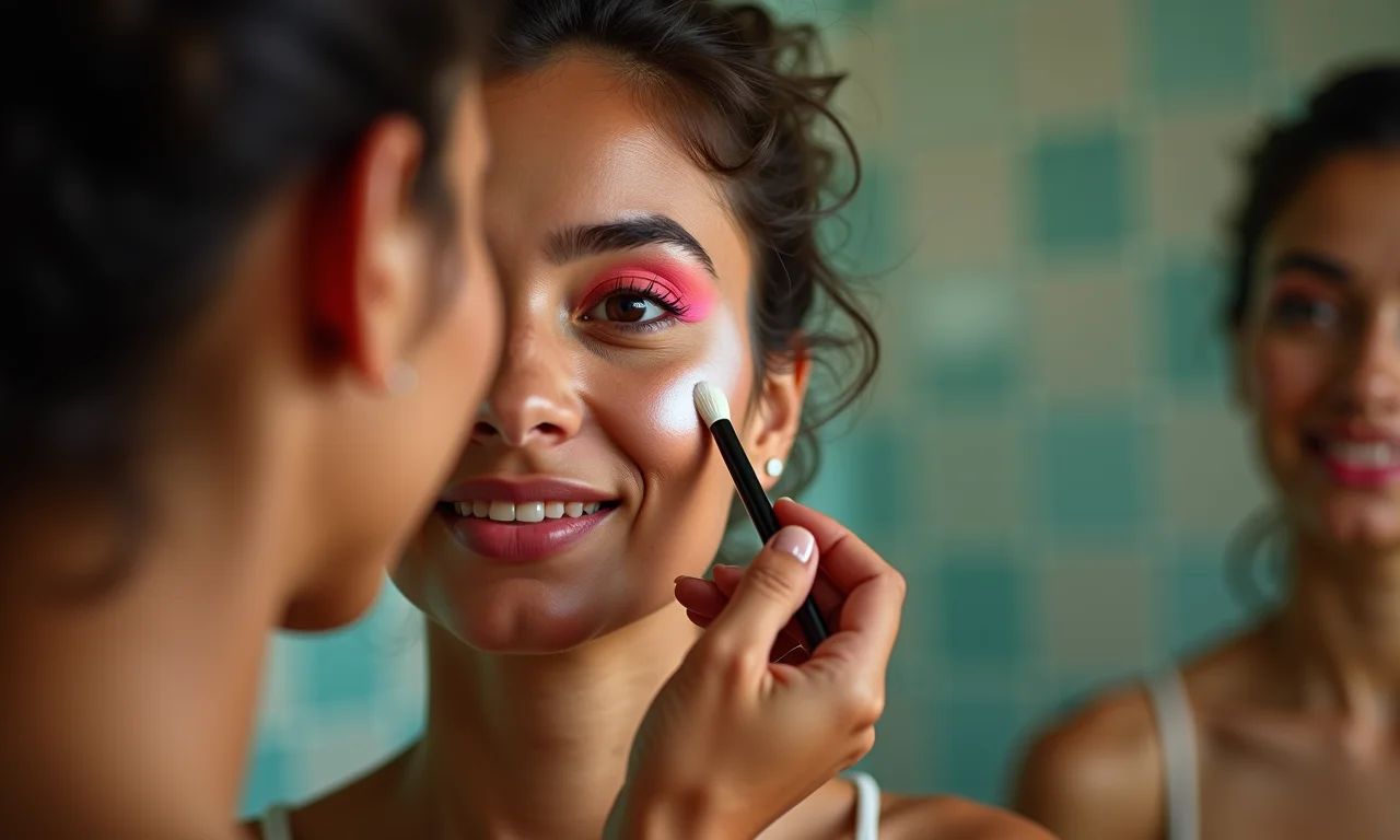 Brasileira preparando a pele antes da maquiagem neon.