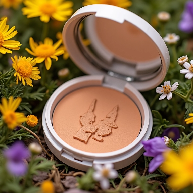 Bronzer mineral vegano com selo cruelty-free e embalagem reciclável.