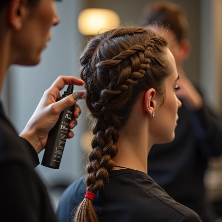 Cabeleireiro aplicando spray fixador em penteado trançado elaborado em salão de beleza.