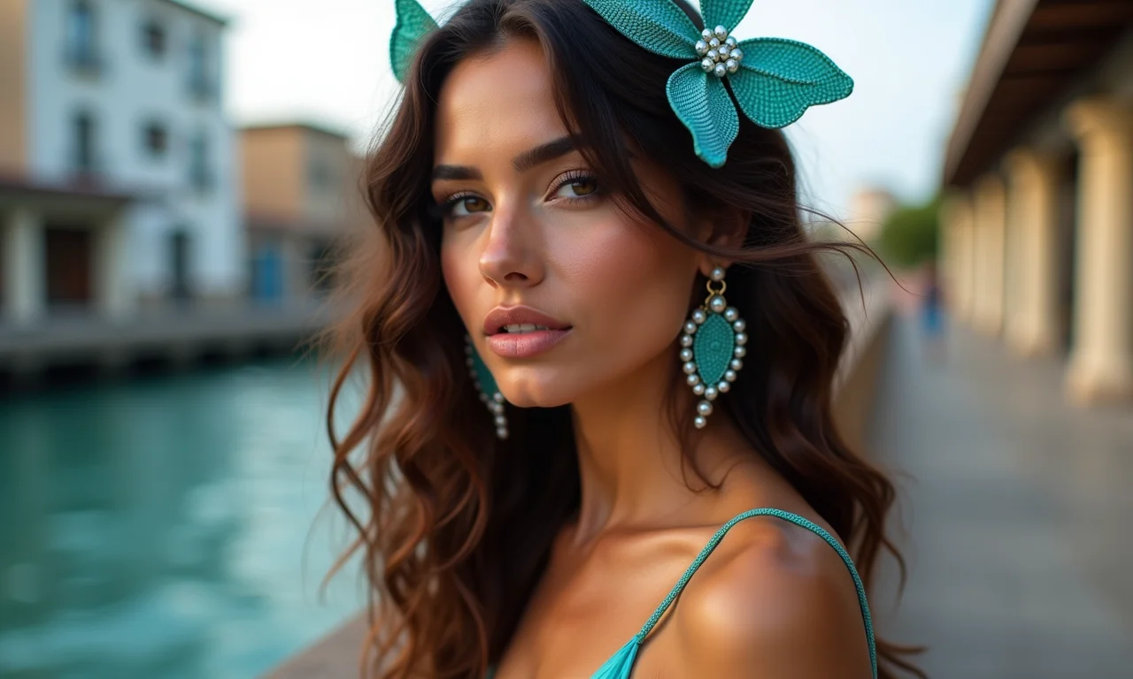 Cabelo com ondas e acessórios de sereia.