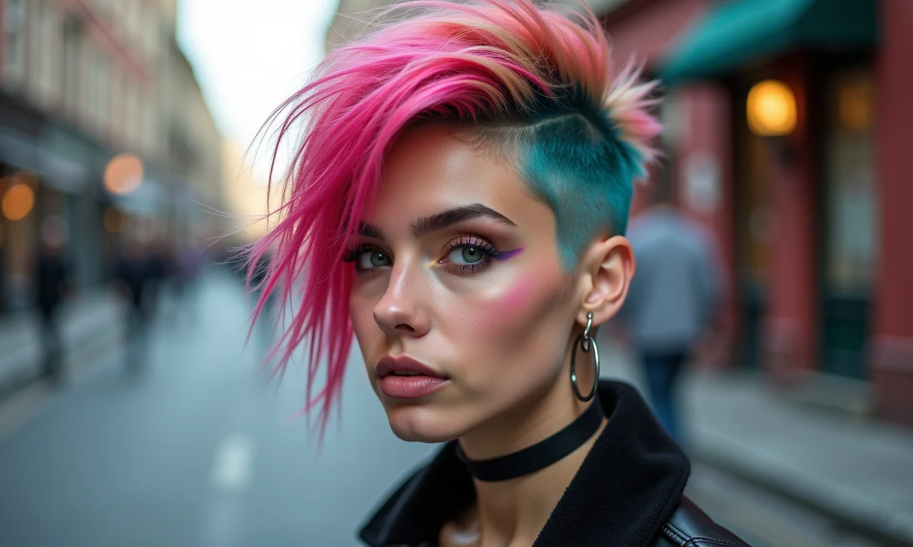 Cabelo com penteado despojado e cores vibrantes punk rock.