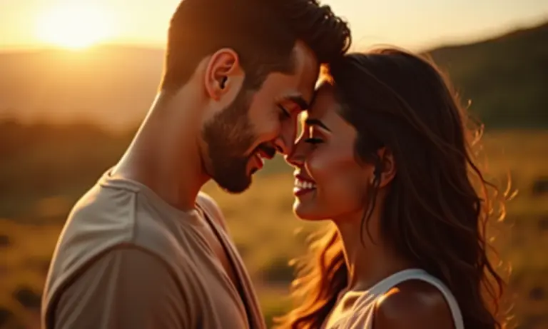 Casal apaixonado em ensaio fotográfico com maquiagem natural.