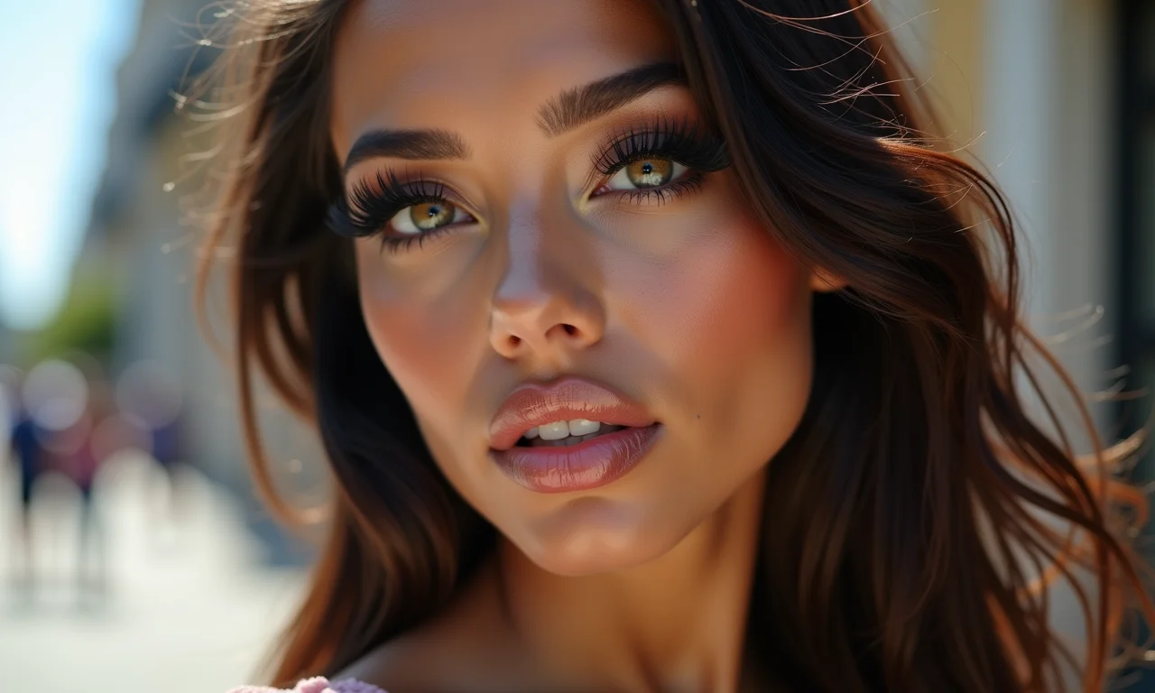 Cílios alongados e volumosos, maquiagem impactante.