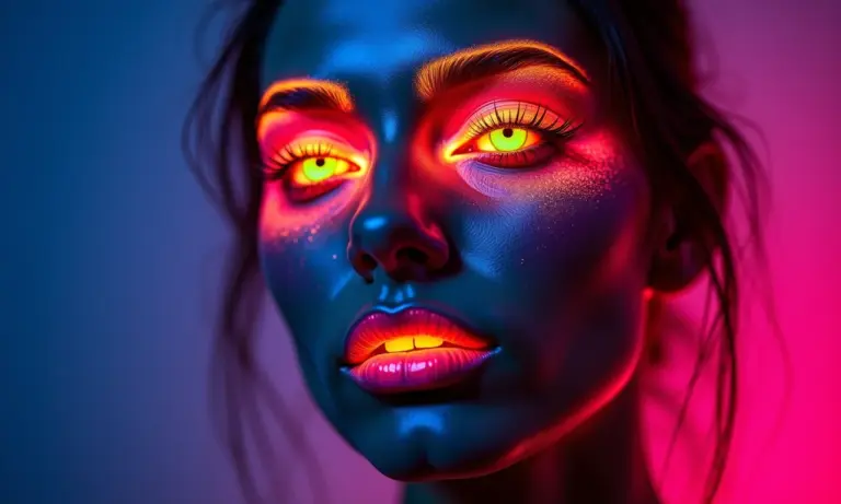 Close do rosto de uma modelo com maquiagem neon vibrante estilo rave.