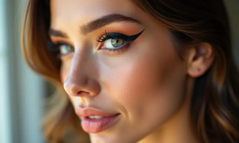 Close do rosto de uma mulher com delineado infinito perfeito.