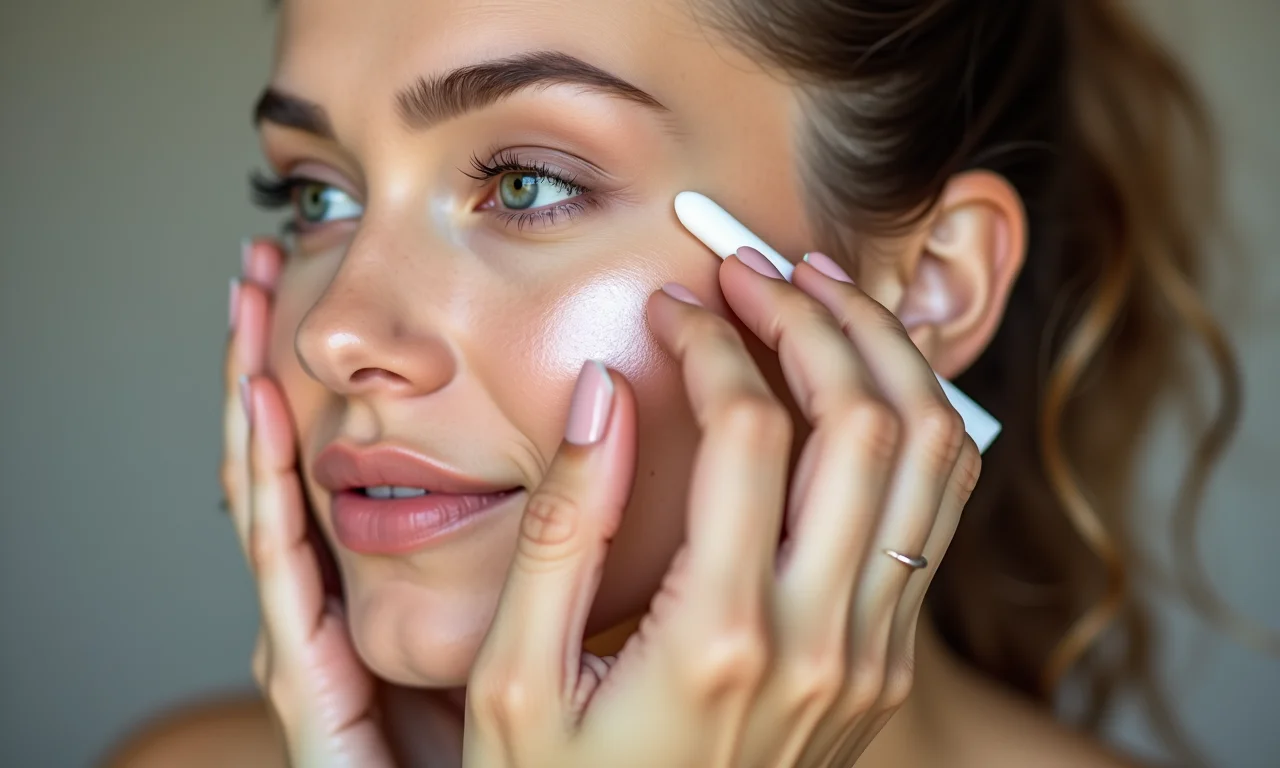 Close-up da aplicação de primer no rosto, preparando a pele para a maquiagem.