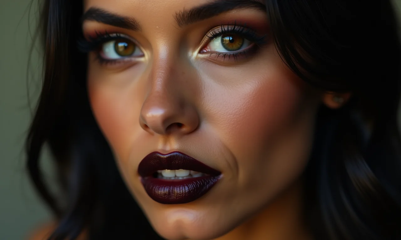 Close-up de batom escuro e ousado em uma mulher brasileira.