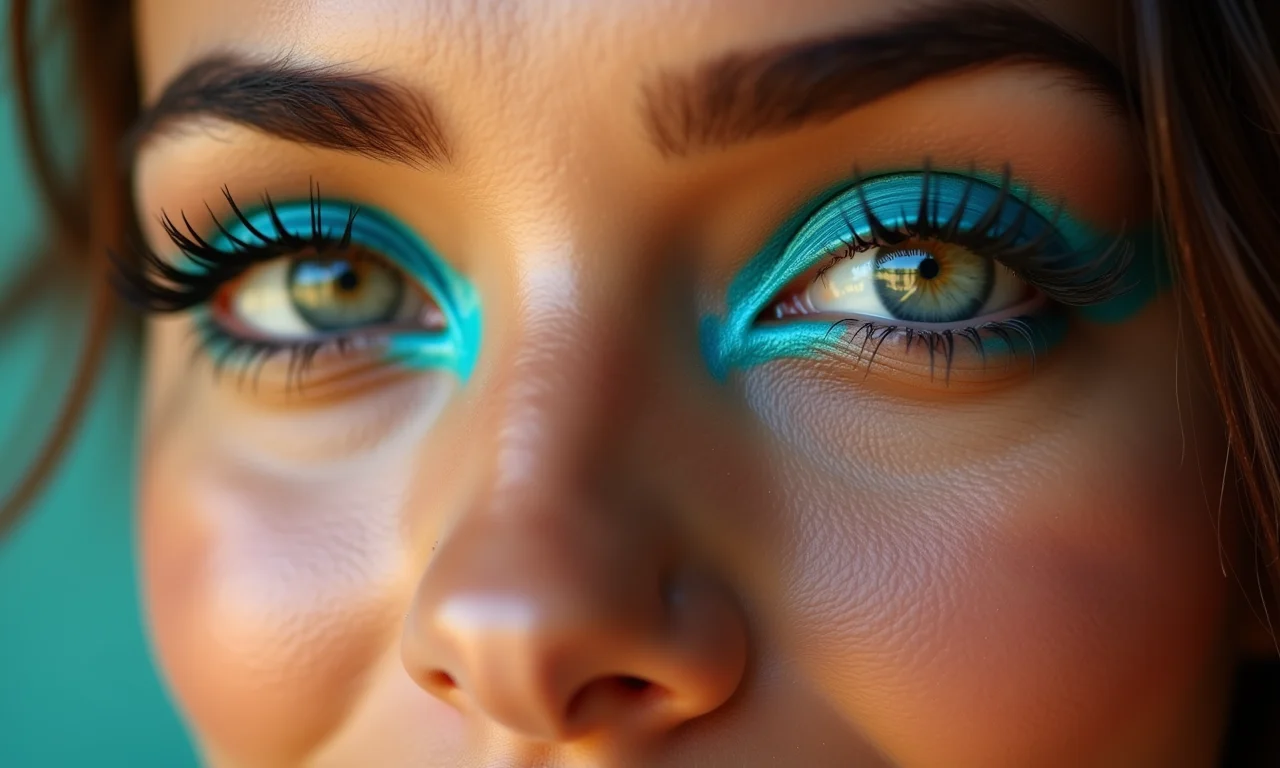 Close-up de delineado gráfico colorido em uma mulher brasileira.