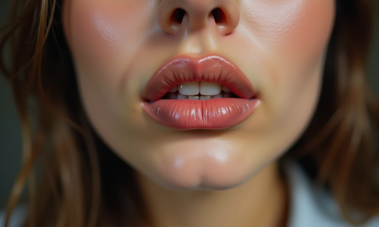 Close-up de lábios com batom nude, estilo grunge anos 90.