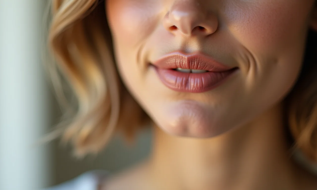 Close-up de lábios com batom nude ou cor suave.