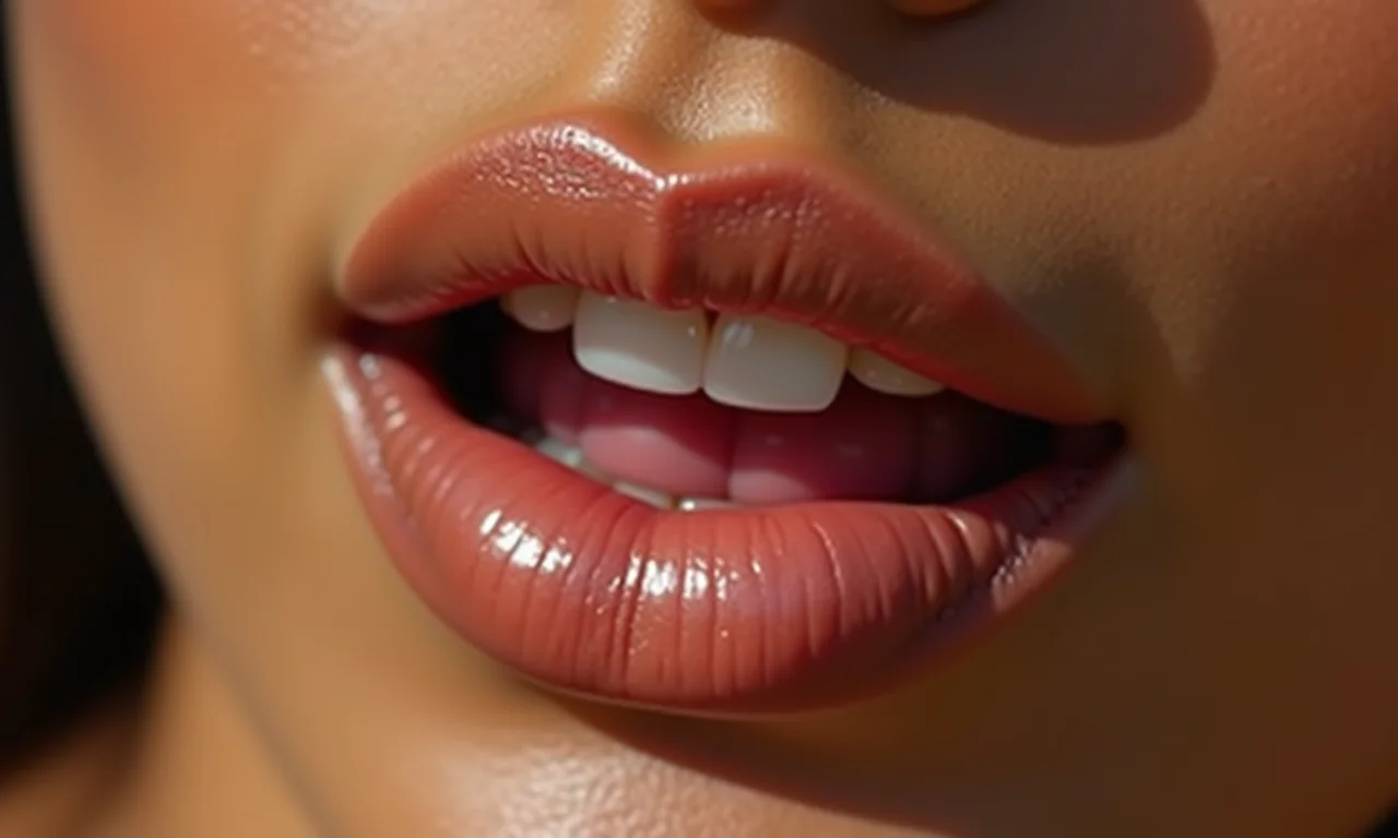 Close-up de lábios nude com gloss em uma mulher brasileira.