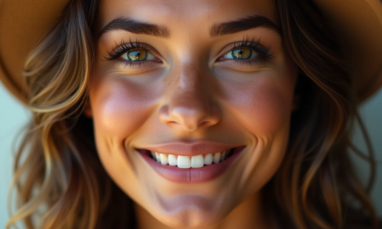 Close-up de maquiagem boho chic com pele natural e tons terrosos.