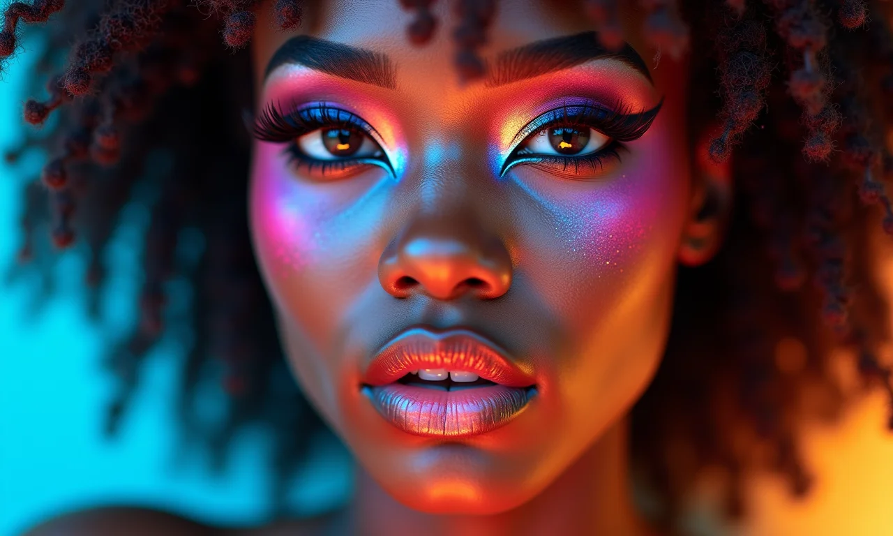 Close-up de maquiagem cybercore tecnológica com delineado gráfico e cores neon.