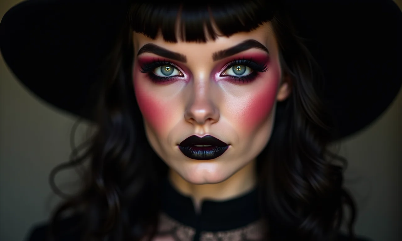 Close-up de maquiagem dark coquette com lábios escuros e delineado dramático.