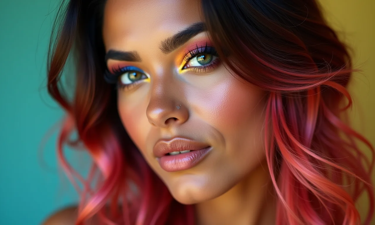 Close-up de mulher com delineado colorido e cabelo vibrante.
