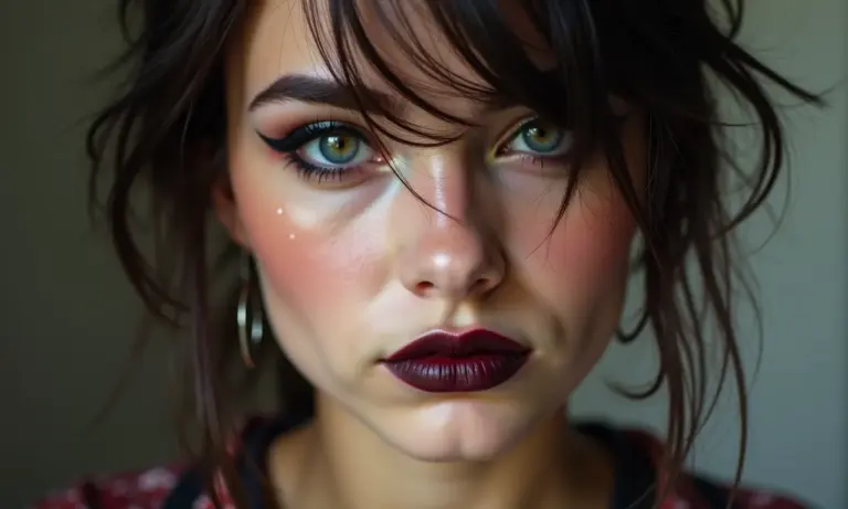 Close up de mulher jovem com maquiagem grunge anos 90, delineador borrado e batom escuro.
