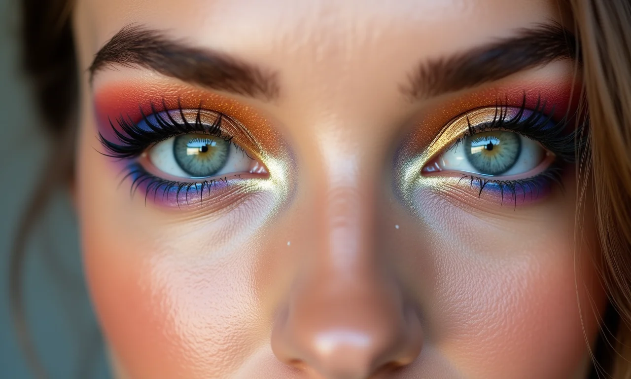 Close-up de olhos com maquiagem colorida e criativa.