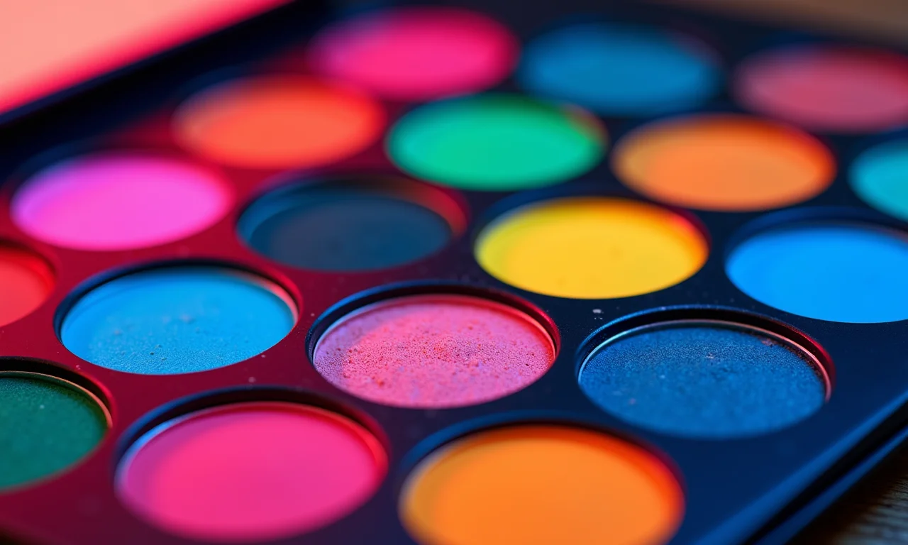 Close-up de paleta de sombras neon com cores fluorescentes vibrantes.