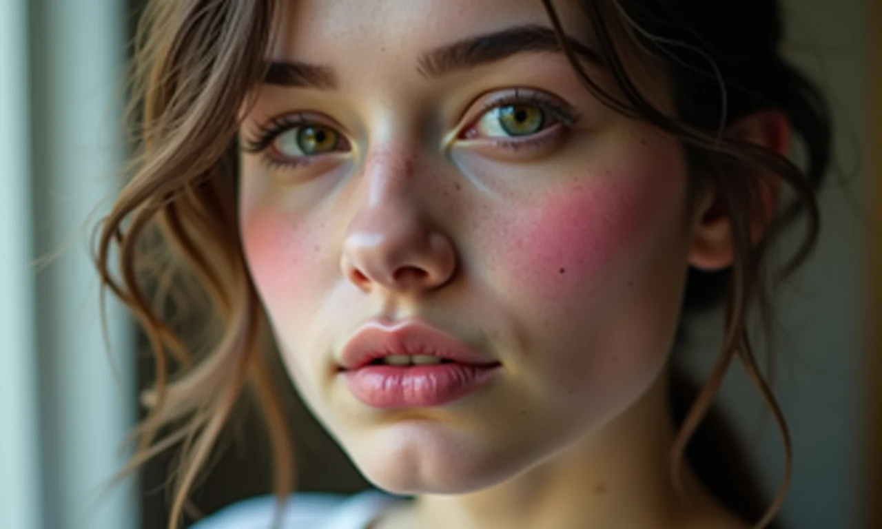 Close up de rosto com blush discreto em tom rosado, estilo grunge.