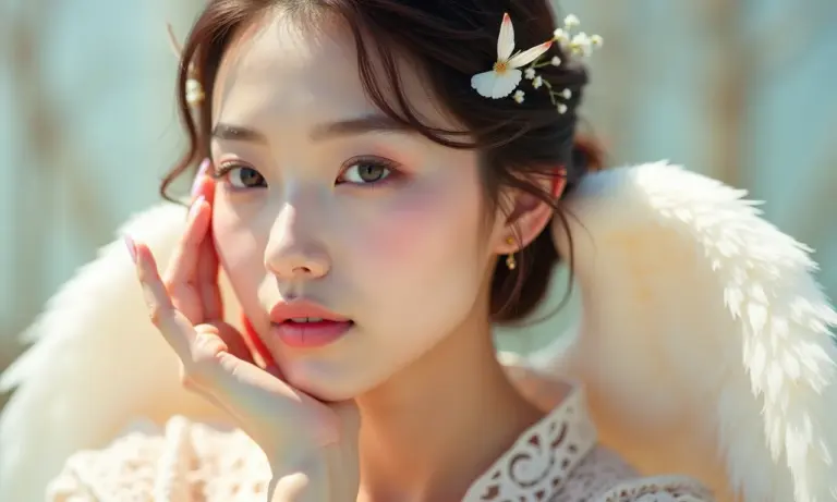 Close-up de rosto com maquiagem angel core suave e etérea.