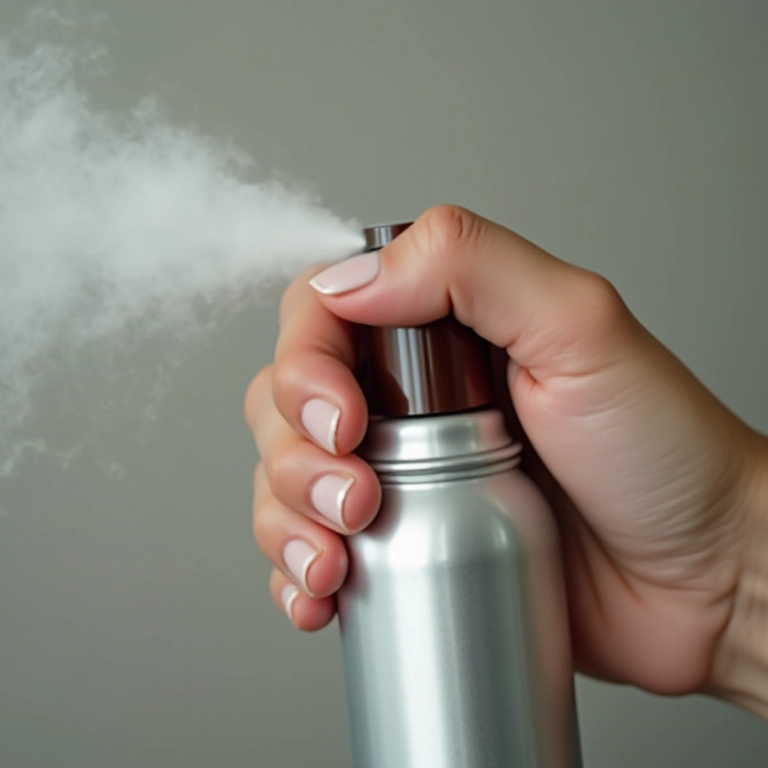 Close-up de uma mão aplicando spray fixador sem álcool, com fundo borrado.