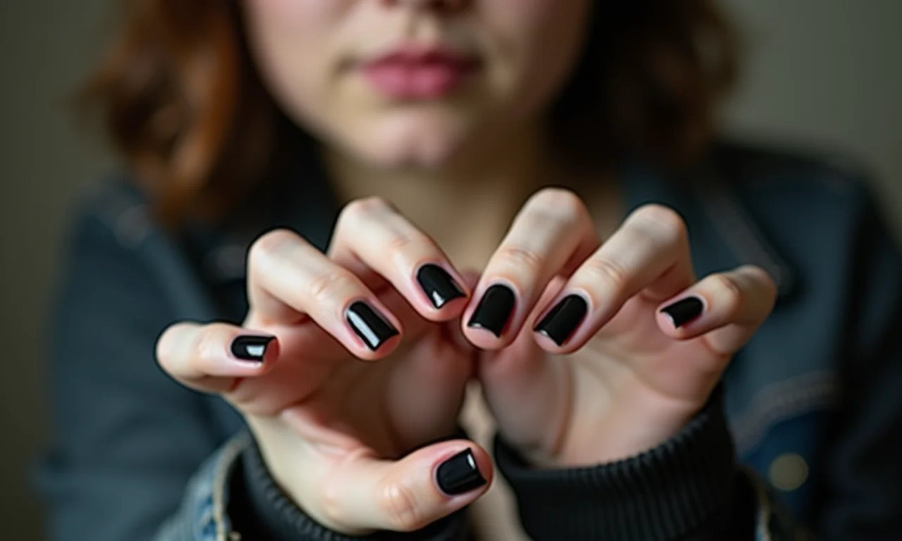 Close up de unhas escuras e curtas, complementando o visual grunge.