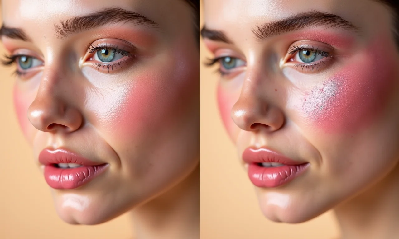 Comparação entre blush opaco e cintilante na pele.