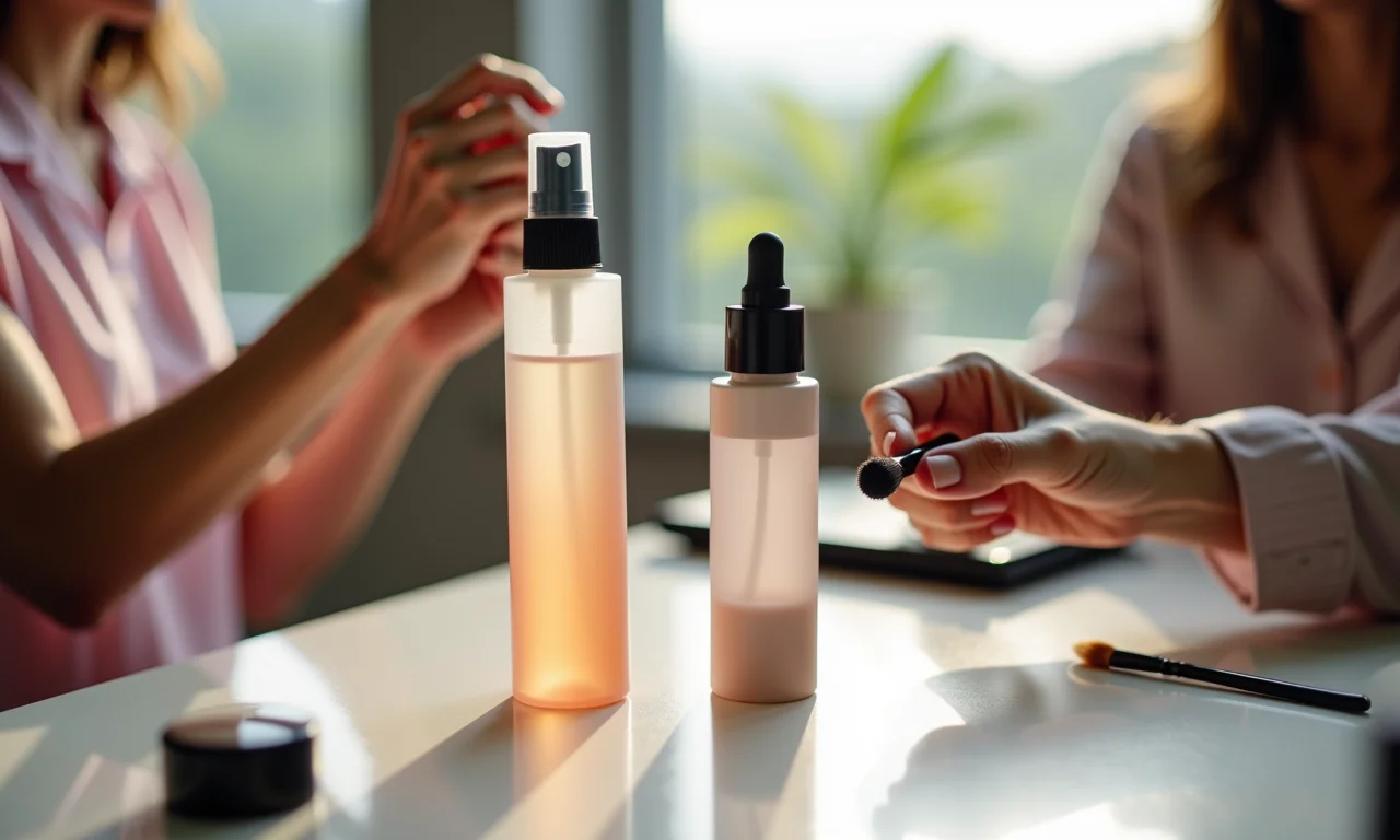Comparativo de fixador em spray e líquido sobre mesa de maquiagem.