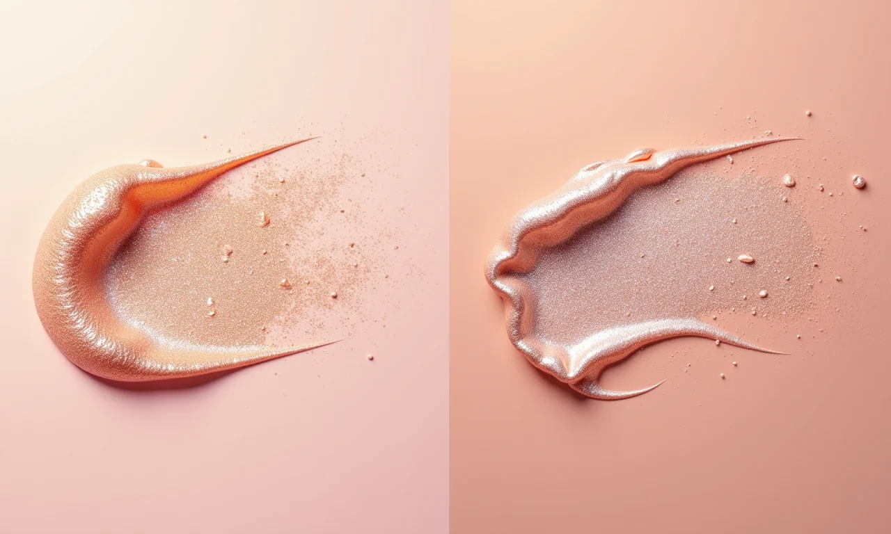 Comparativo de iluminadores com e sem partículas de glitter grandes.