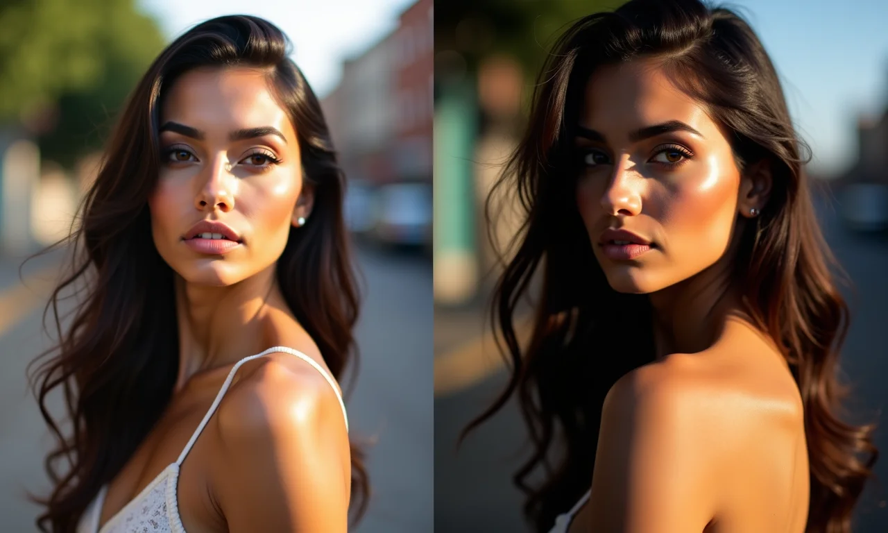 Comparativo de maquiagem com luz natural e artificial.
