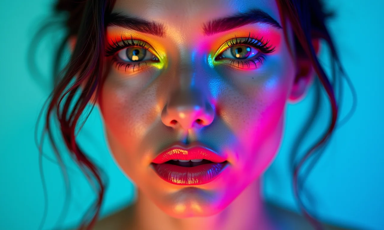 Cores neon para uma maquiagem de sereia moderna e vibrante.