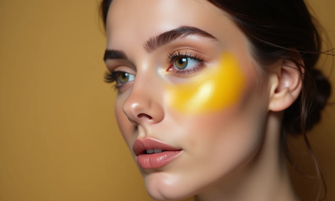 Corretivo amarelo sendo usado para olheiras roxas.