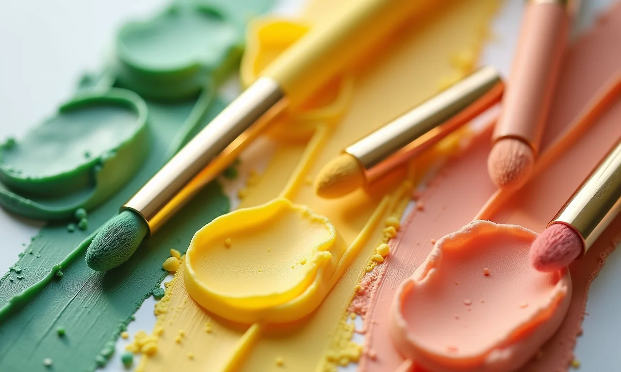 Corretivos coloridos: verde, amarelo e pêssego para diferentes correções.