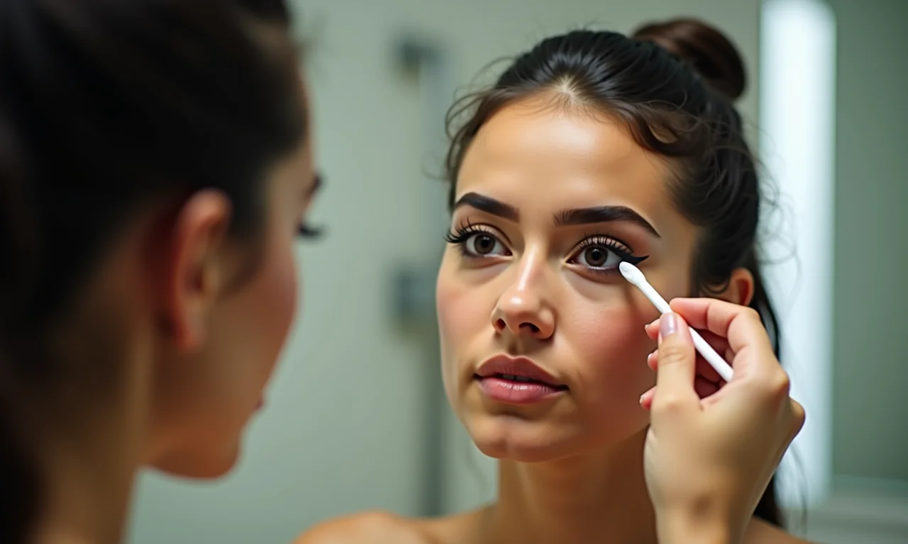 Corrigindo imperfeições do delineado com cotonete.