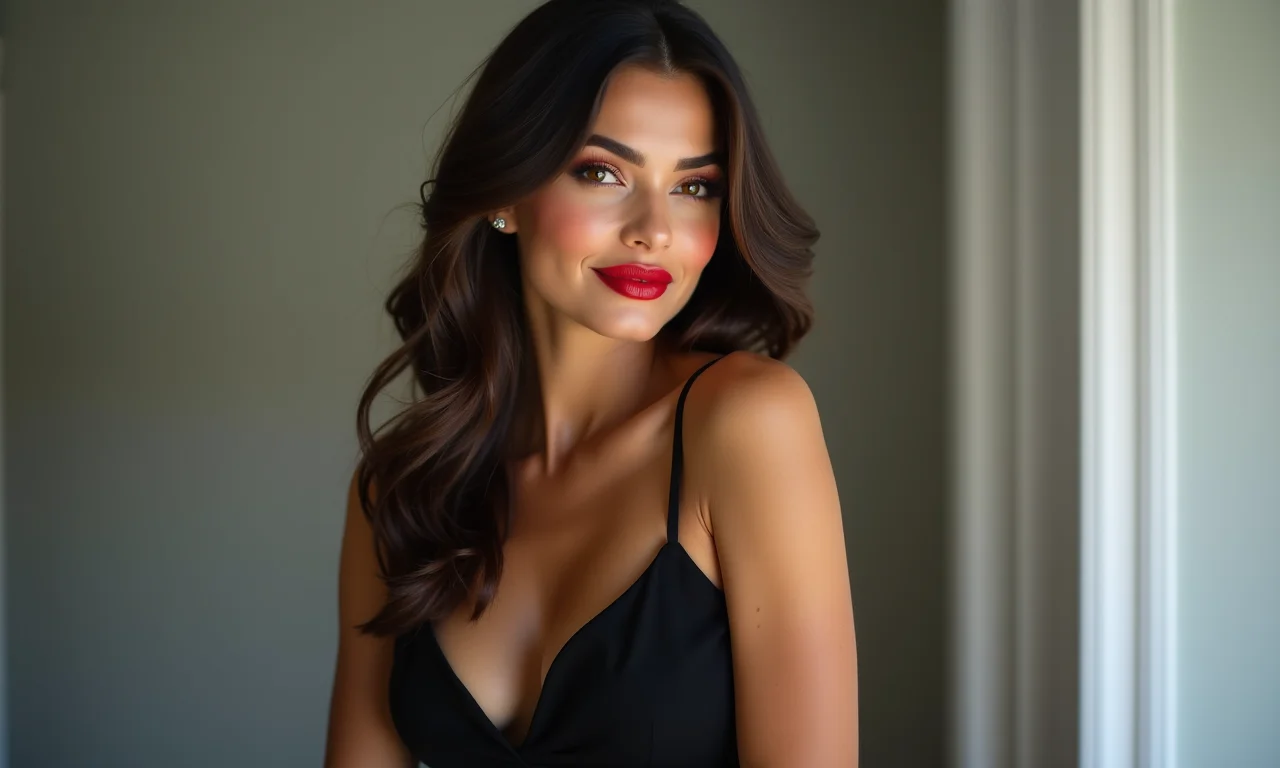 Debutante com batom vermelho e vestido preto clássico.