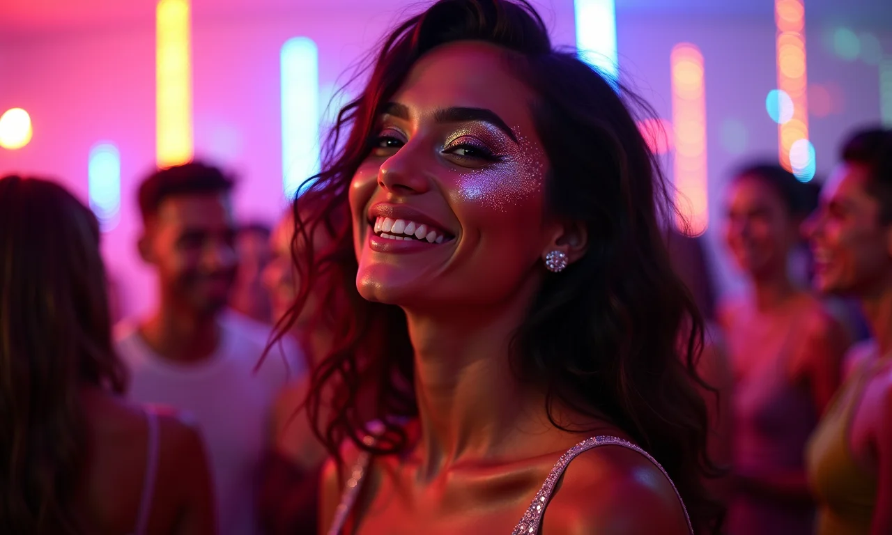 Debutante com glitter celebrando em festa vibrante.