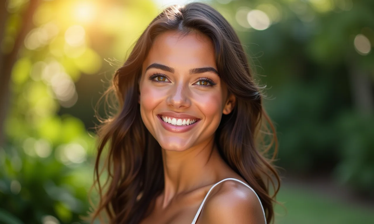 Debutante com maquiagem natural sorrindo em jardim.