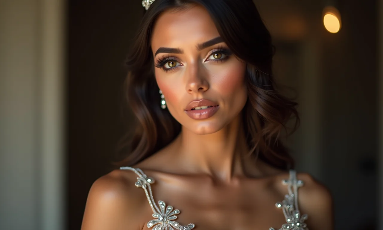 Debutante com pedrarias na maquiagem e vestido elegante.