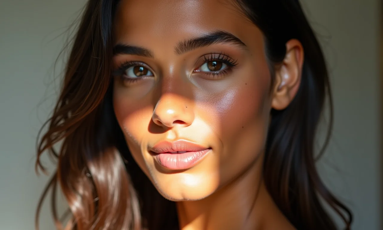 Debutante com pele iluminada sob luz suave.