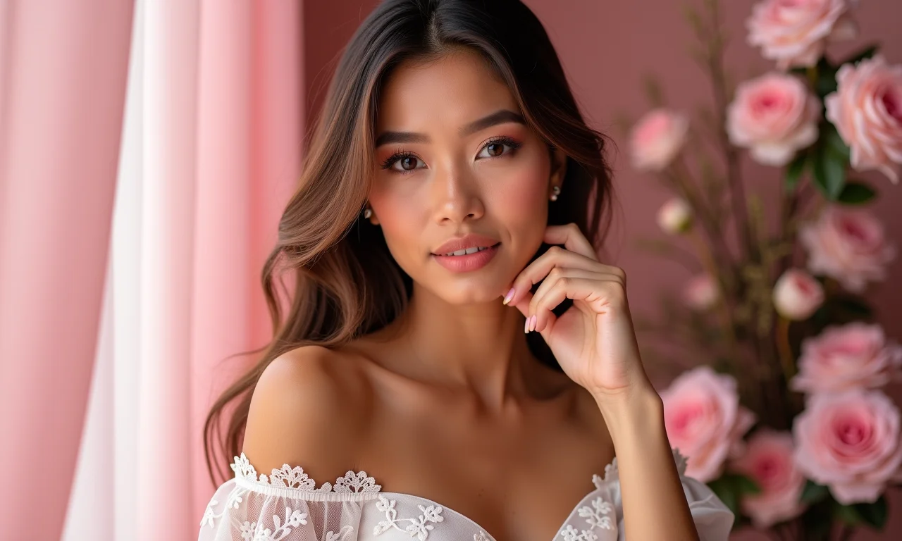 Debutante com tons rosados em cenário romântico.