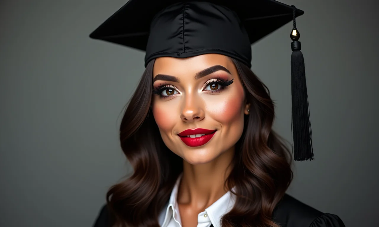 Delineado clássico e batom vermelho para formatura.