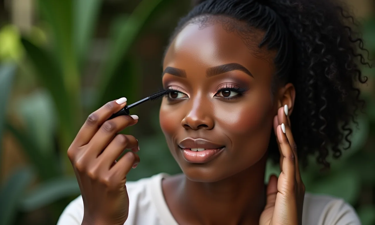 Delineado e máscara de cílios para finalizar maquiagem em pele negra.
