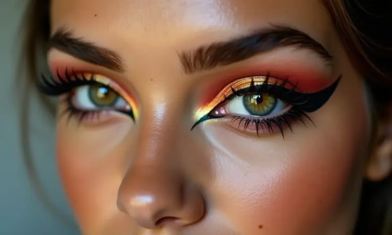 Delineado gatinho invertido vibrante e impecável em close-up.