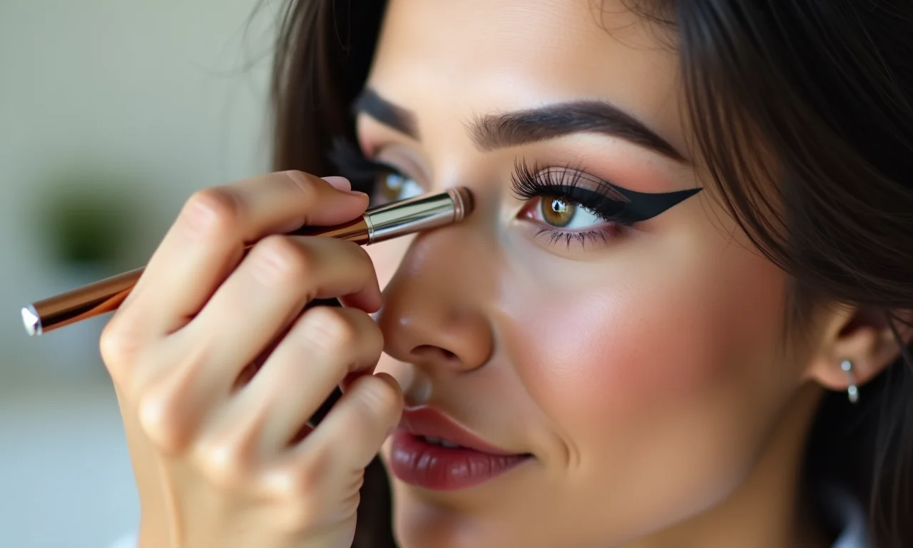 Delineado gatinho, o ícone da maquiagem pin-up, sendo aplicado com precisão.