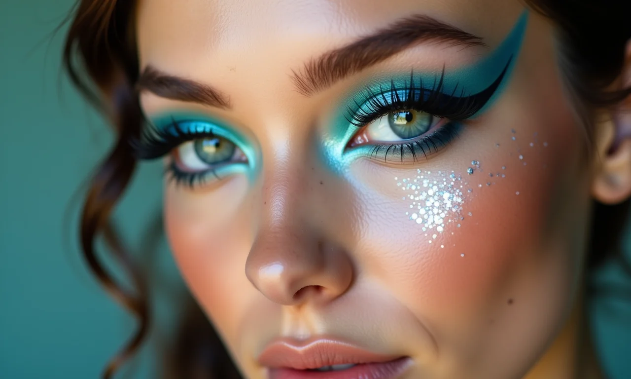 Delineado gráfico e criativo para maquiagem de sereia, com design único e artístico.